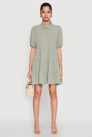 Airy Button Front Tiered Mini Dress