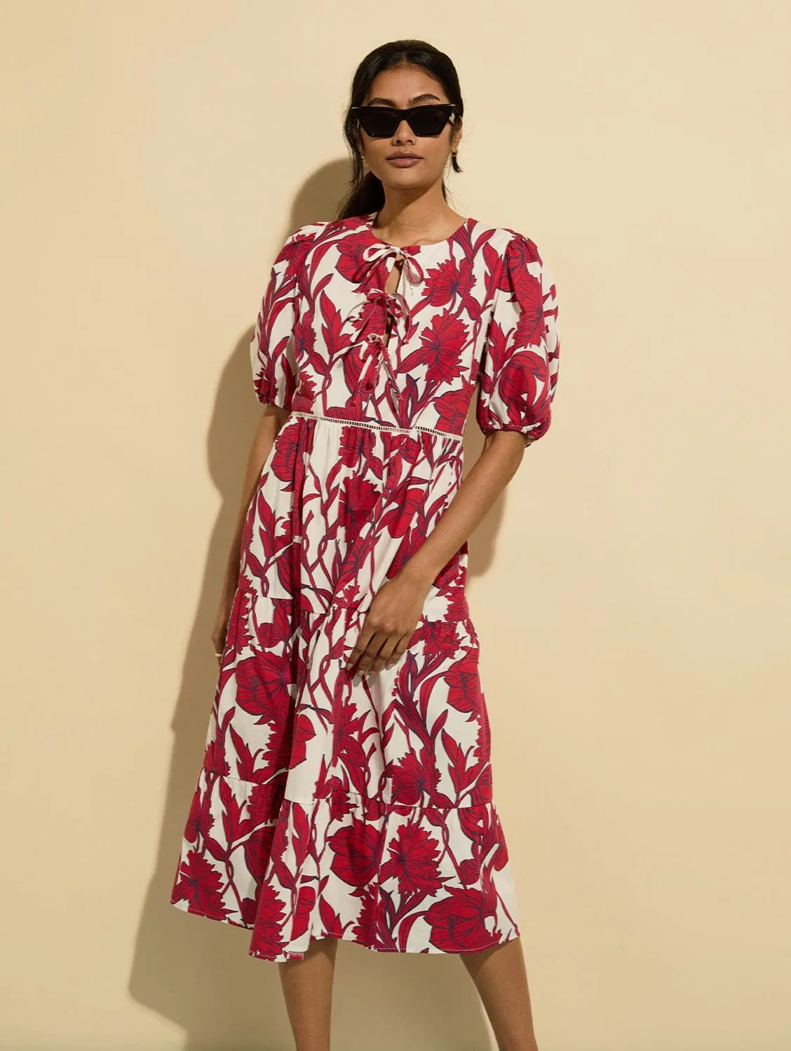 Amelie Organic Cotton Tie Midi Dress | Crimson Dahlia