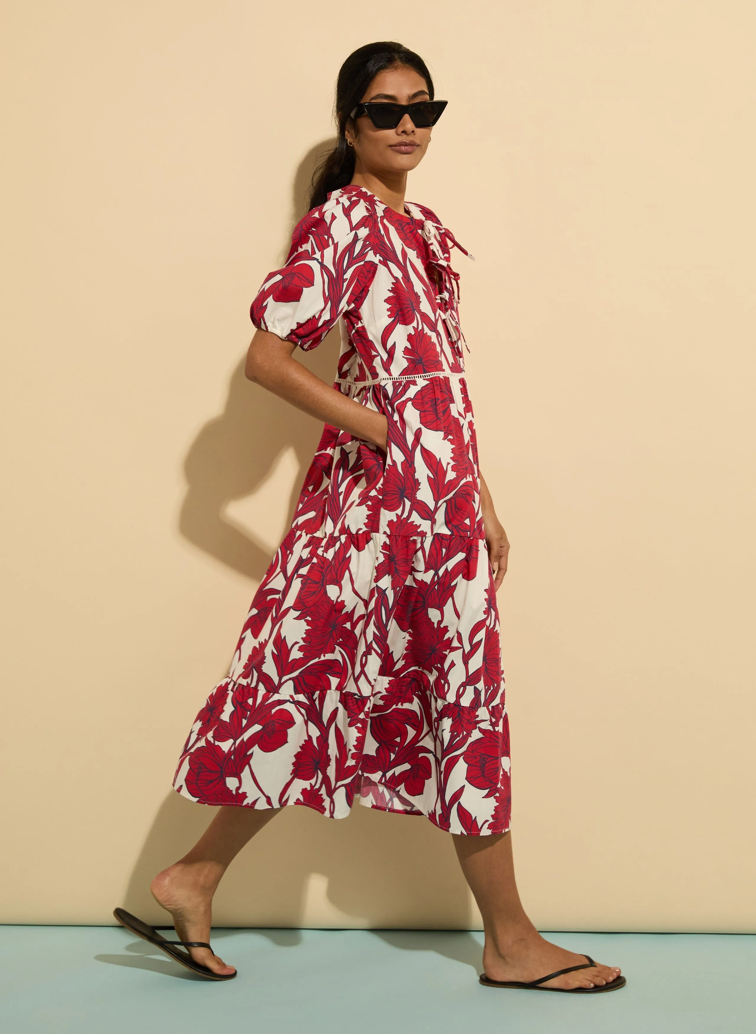 Amelie Organic Cotton Tie Midi Dress | Crimson Dahlia