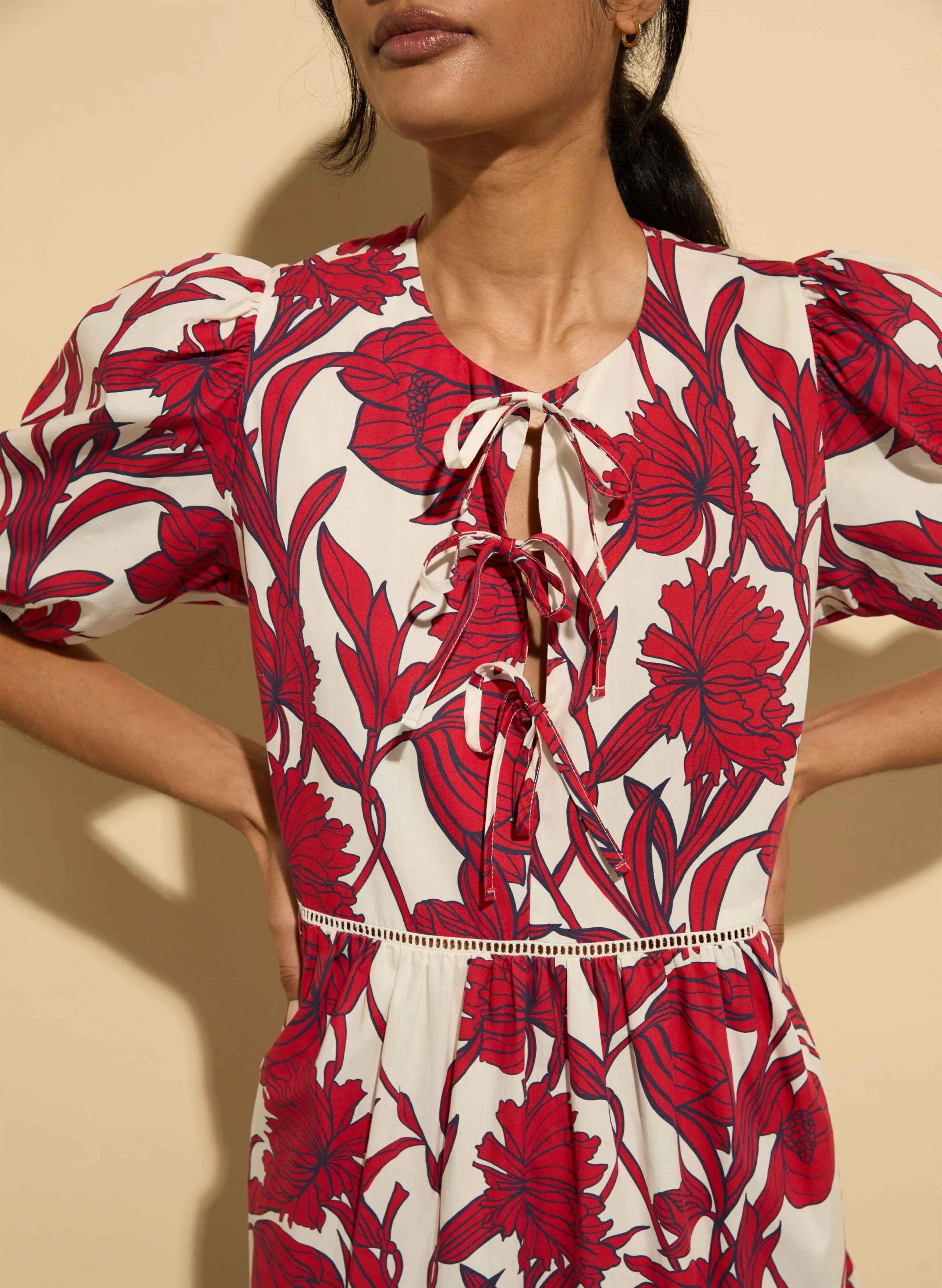 Amelie Organic Cotton Tie Midi Dress | Crimson Dahlia
