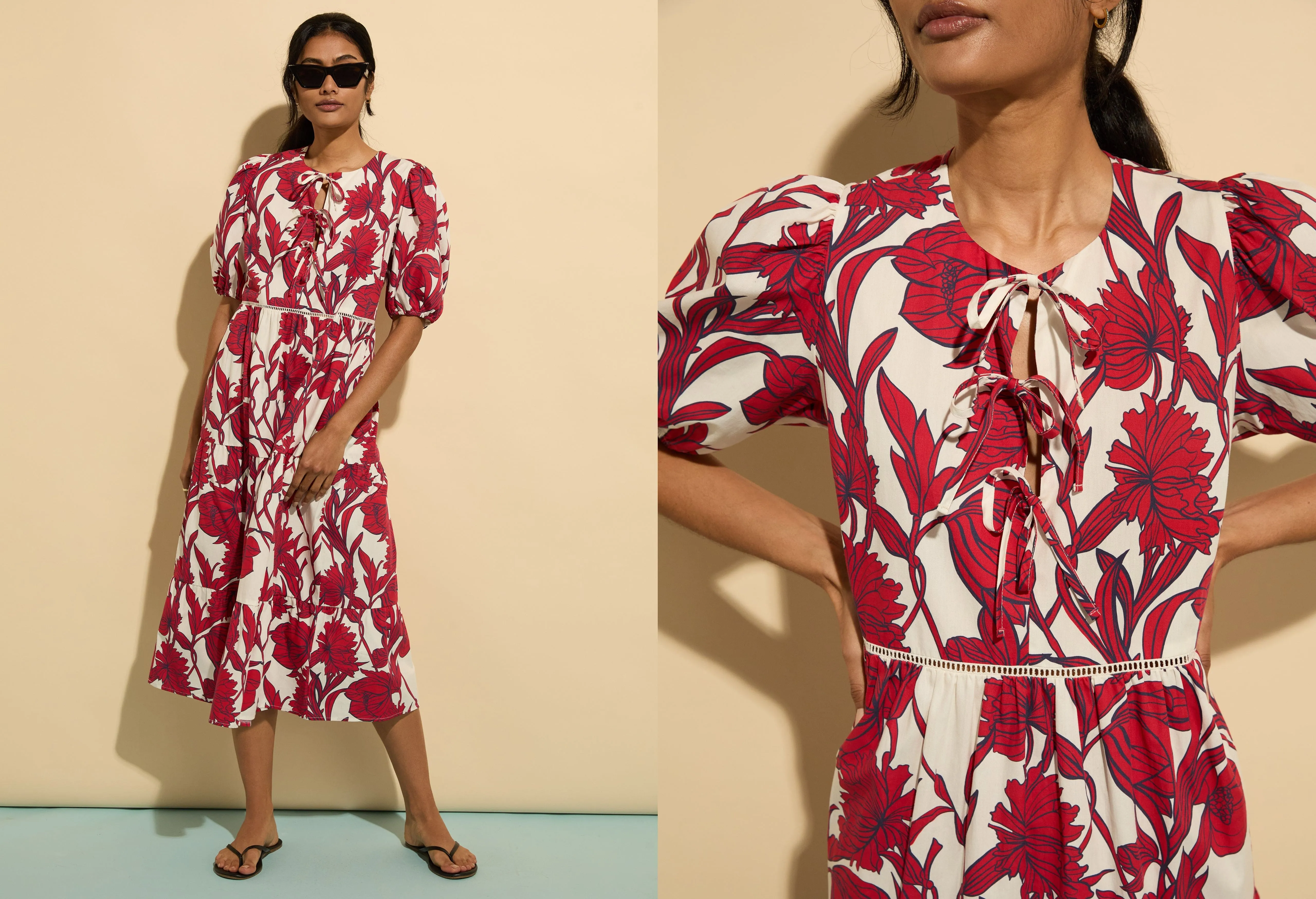 Amelie Organic Cotton Tie Midi Dress | Crimson Dahlia