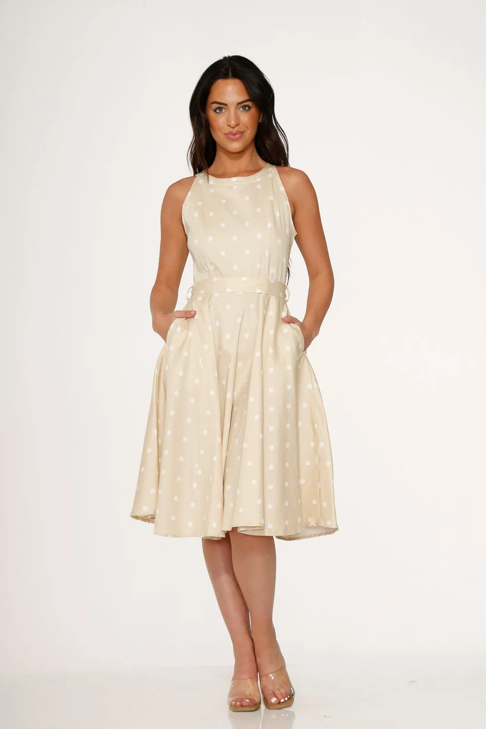Beige & White Polka Dot Swing Dress