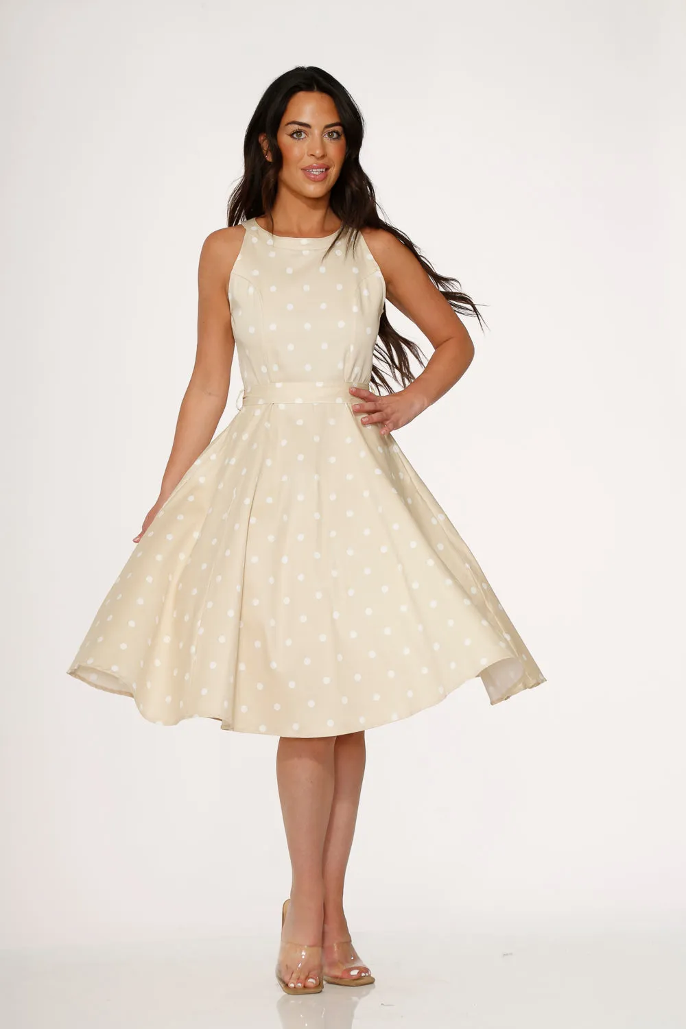 Beige & White Polka Dot Swing Dress