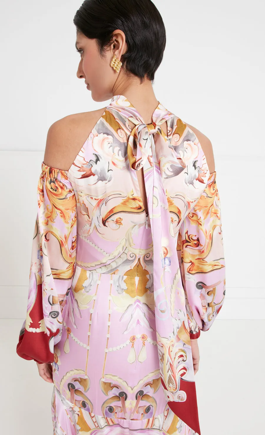 Carline Print Cold Shoulder Dress - Rose Pink