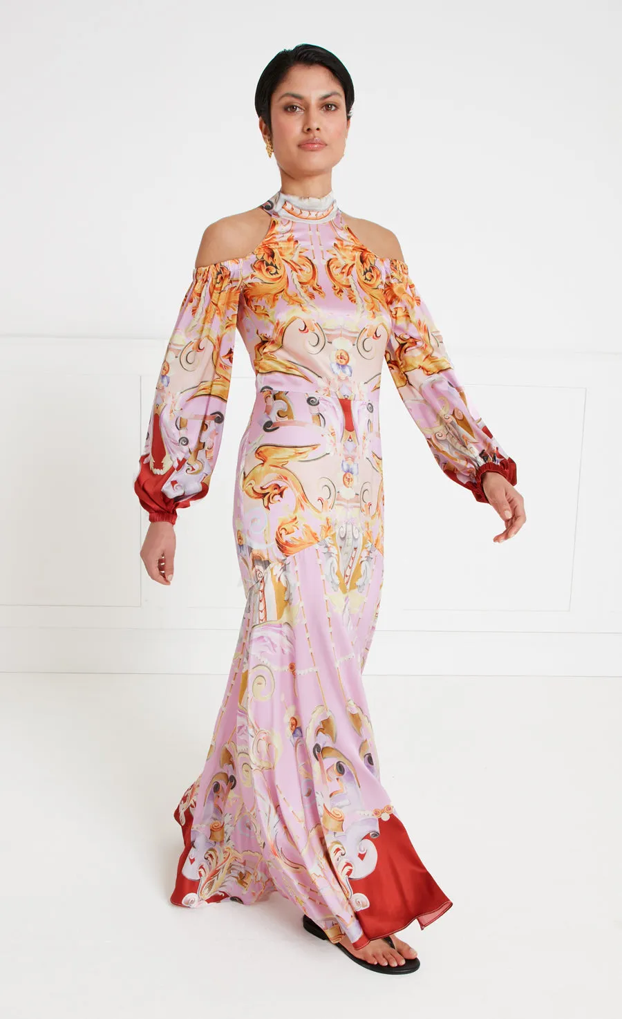 Carline Print Cold Shoulder Dress - Rose Pink
