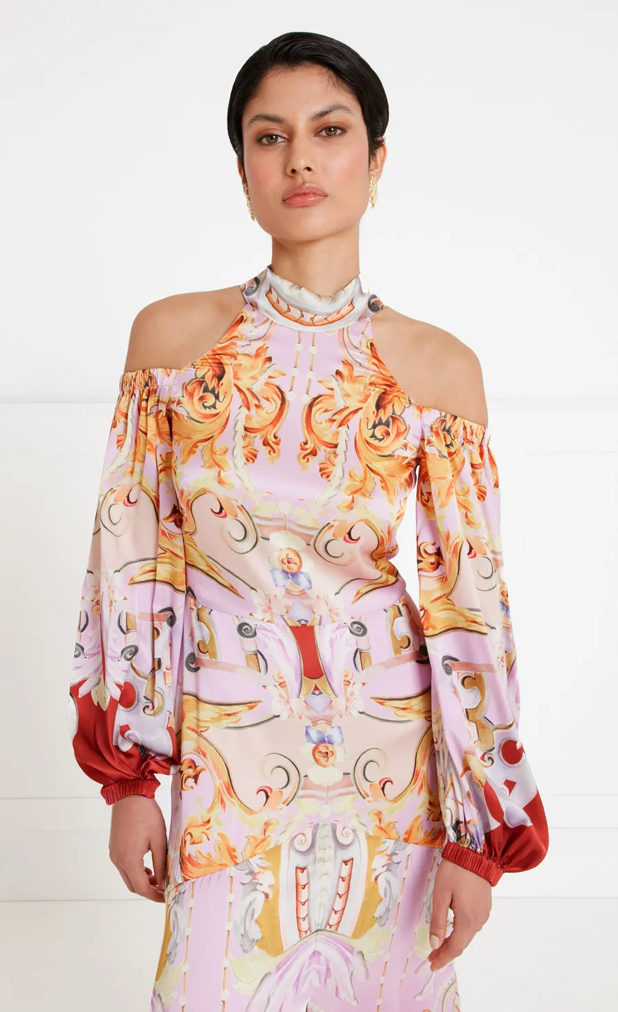 Carline Print Cold Shoulder Dress - Rose Pink
