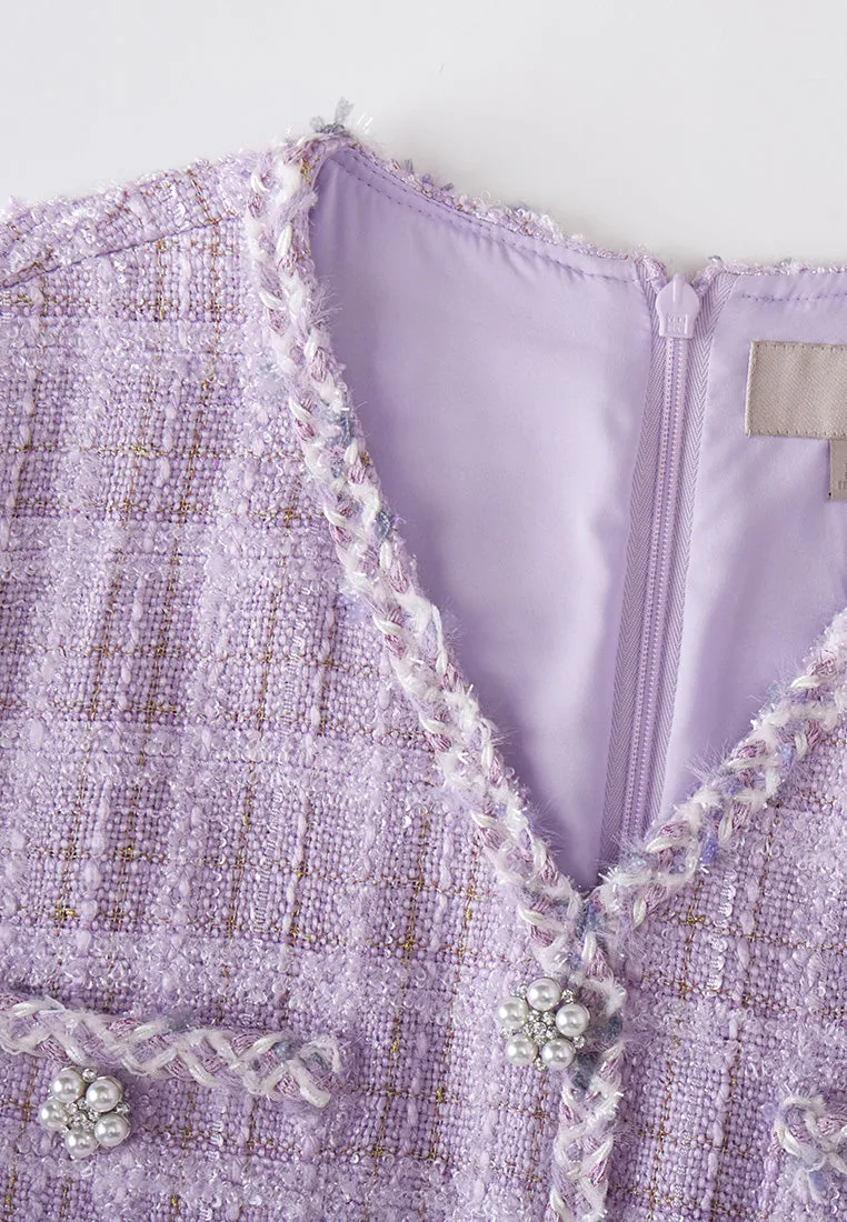 Checked Patch-pocket Braided-trim Dress