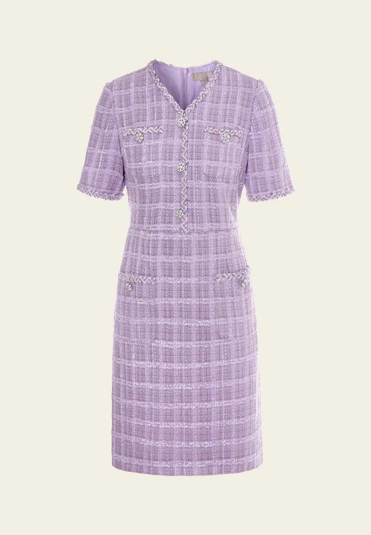 Checked Patch-pocket Braided-trim Dress