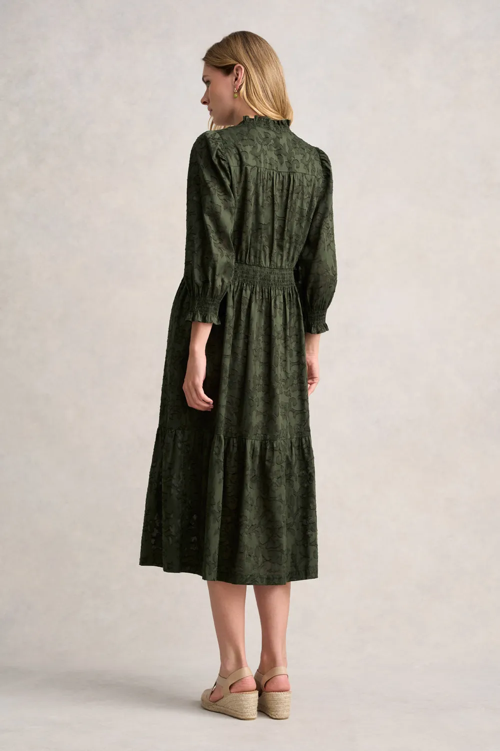 Cotton Jacquard Tiered Dress - Deep Olive
