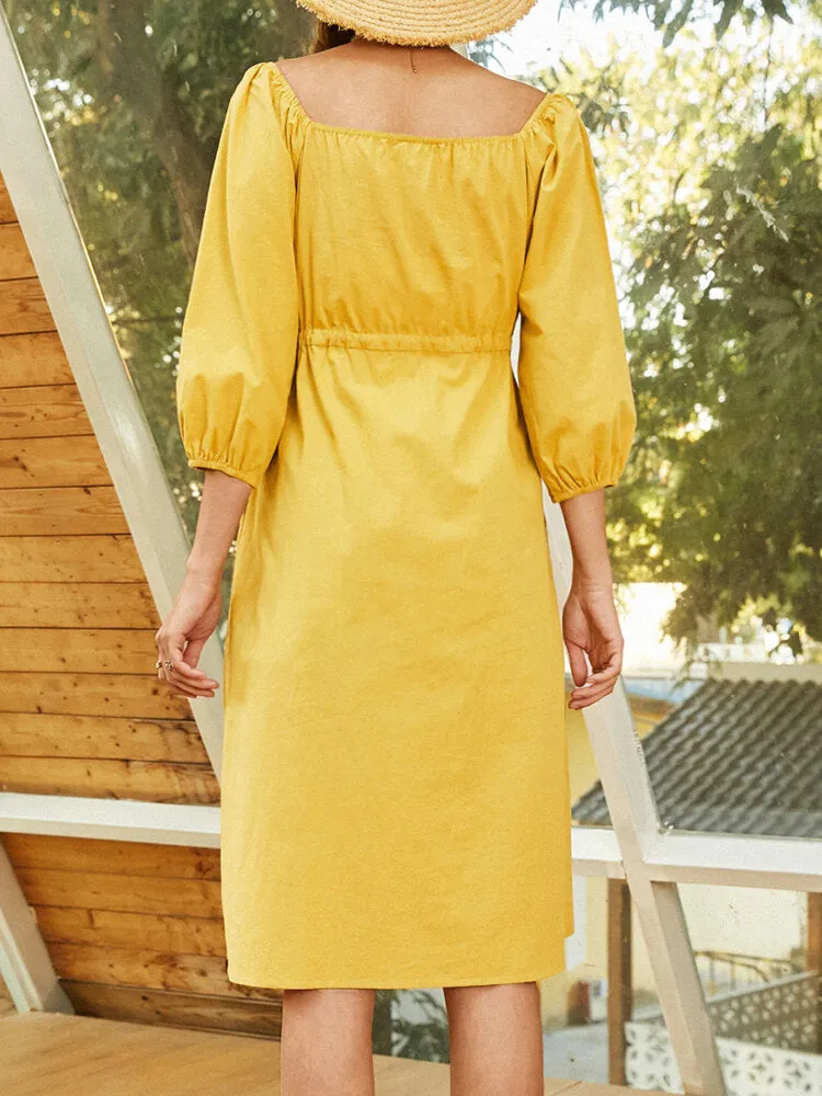 Cotton Square Collar Drawstring Waist Elegant Pockets Women Midi Dress