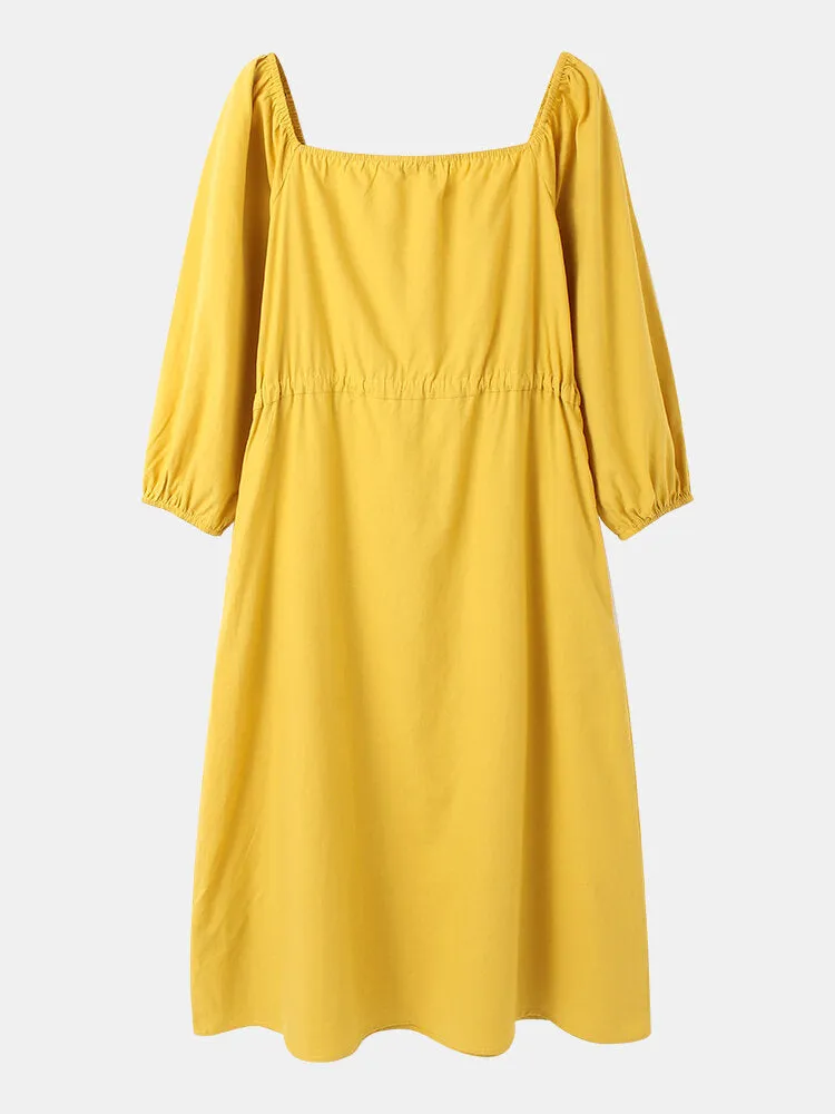 Cotton Square Collar Drawstring Waist Elegant Pockets Women Midi Dress