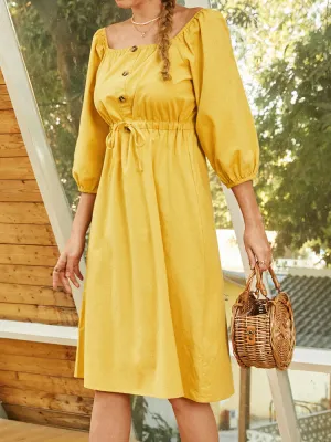 Cotton Square Collar Drawstring Waist Elegant Pockets Women Midi Dress