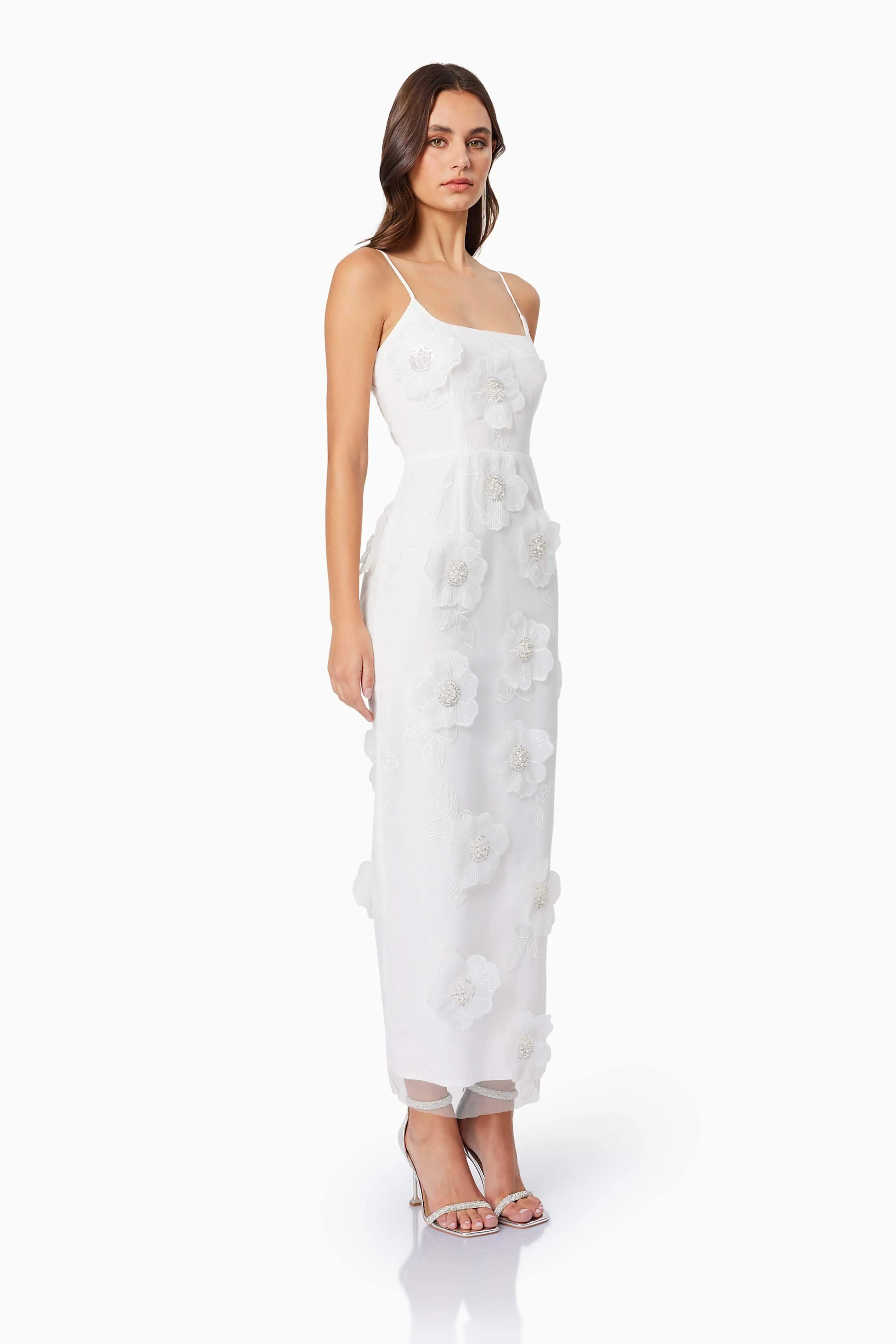 Dahlia 3D Floral Midi Dress In White