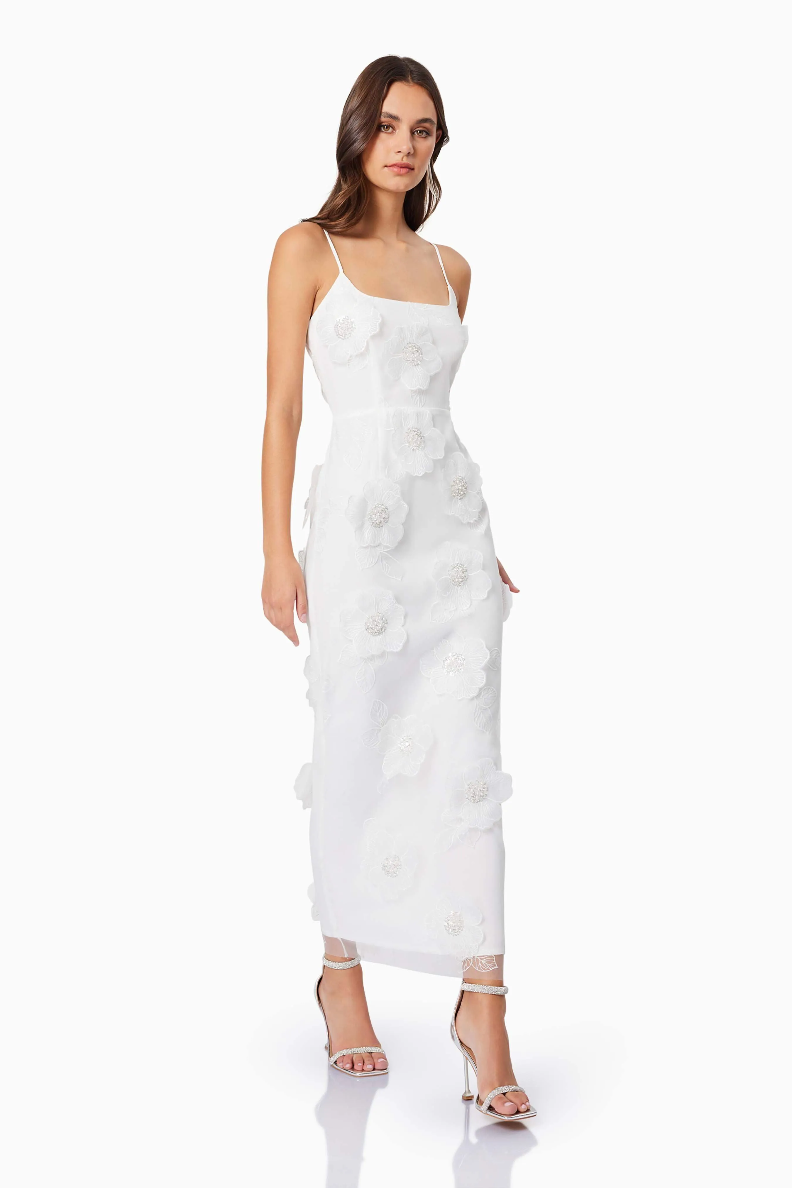 Dahlia 3D Floral Midi Dress In White