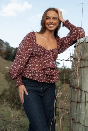 Darrie Long Sleeve Top - Burgundy Multi