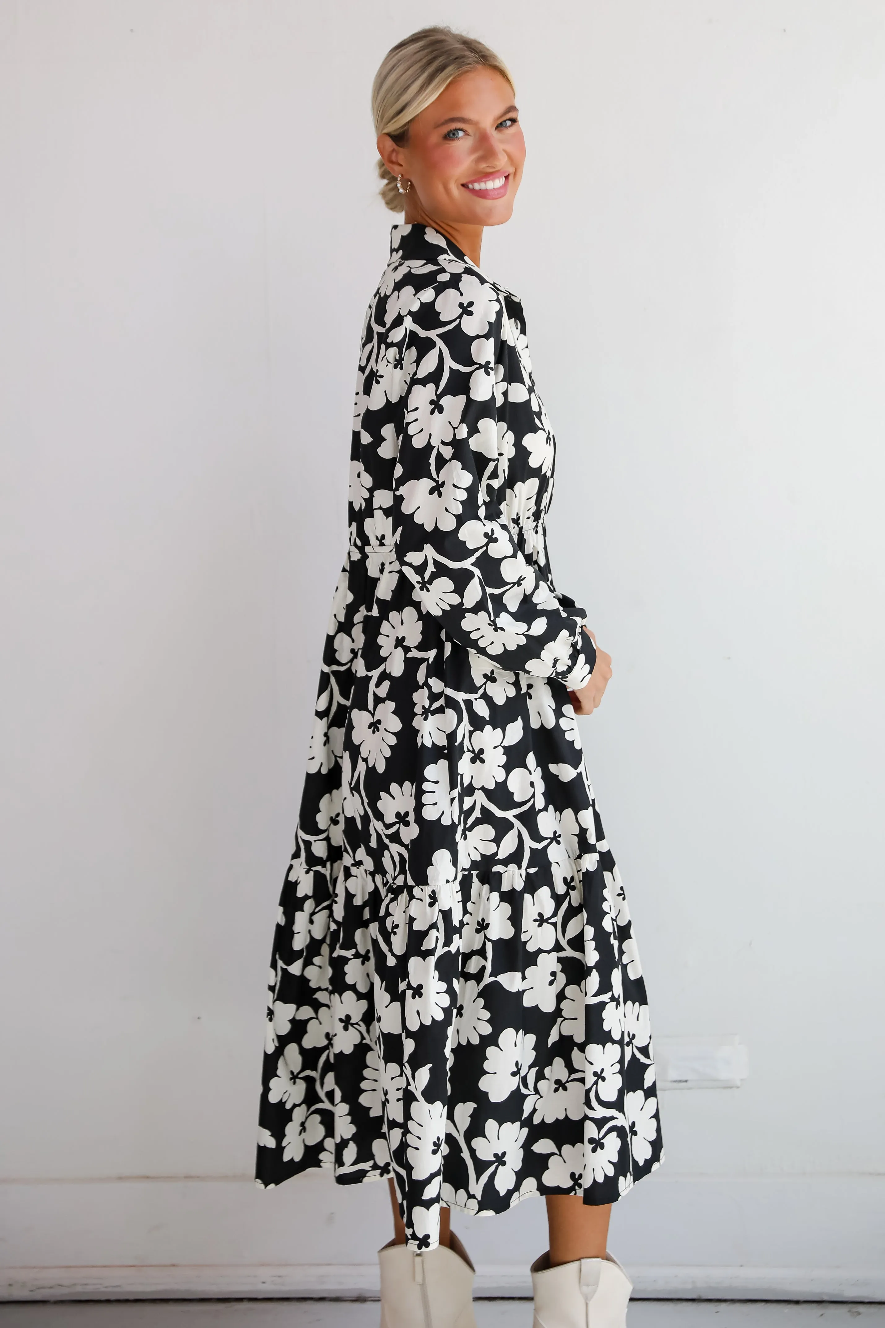FINAL SALE - Charmed Perfection Black Floral Midi Dress