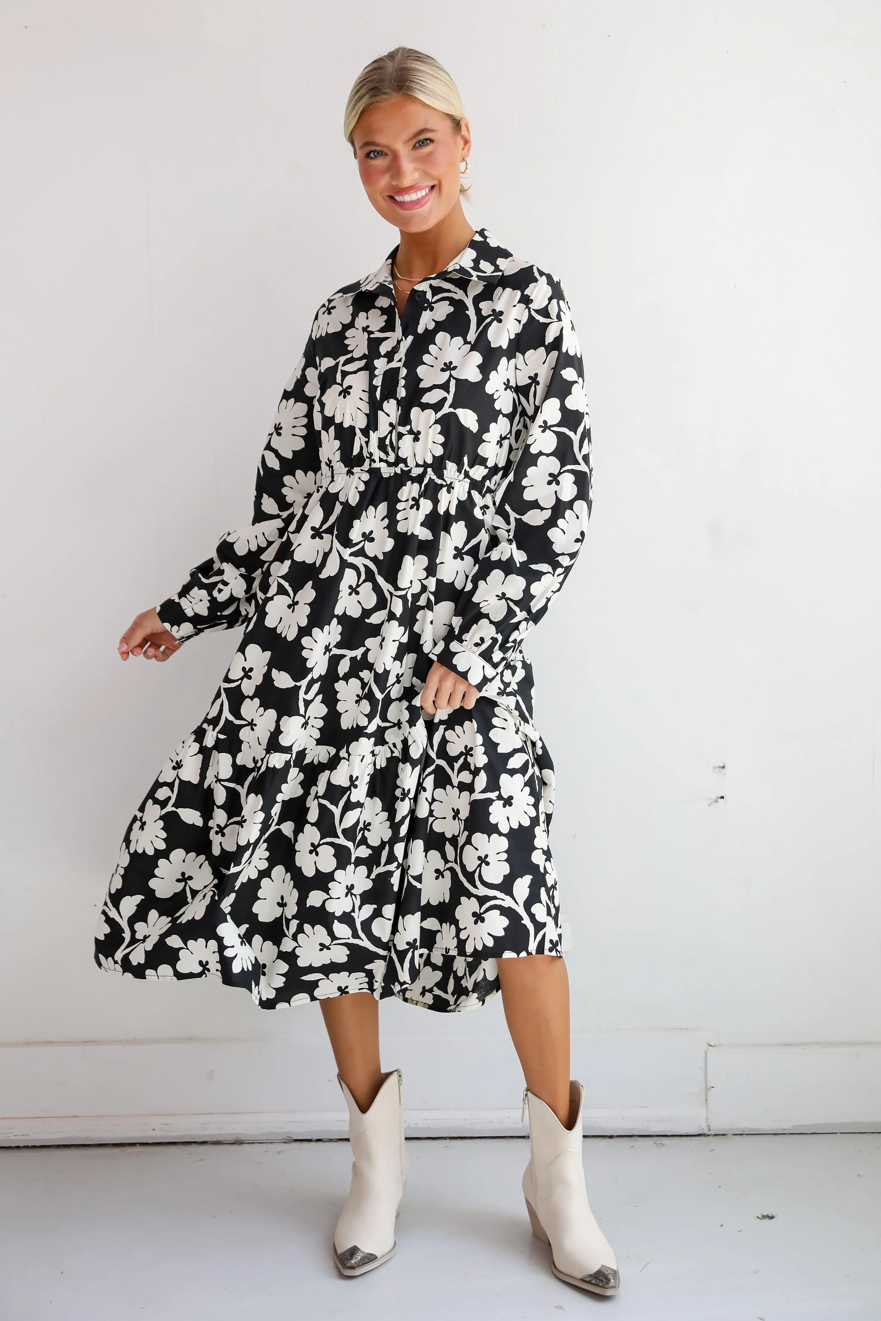 FINAL SALE - Charmed Perfection Black Floral Midi Dress