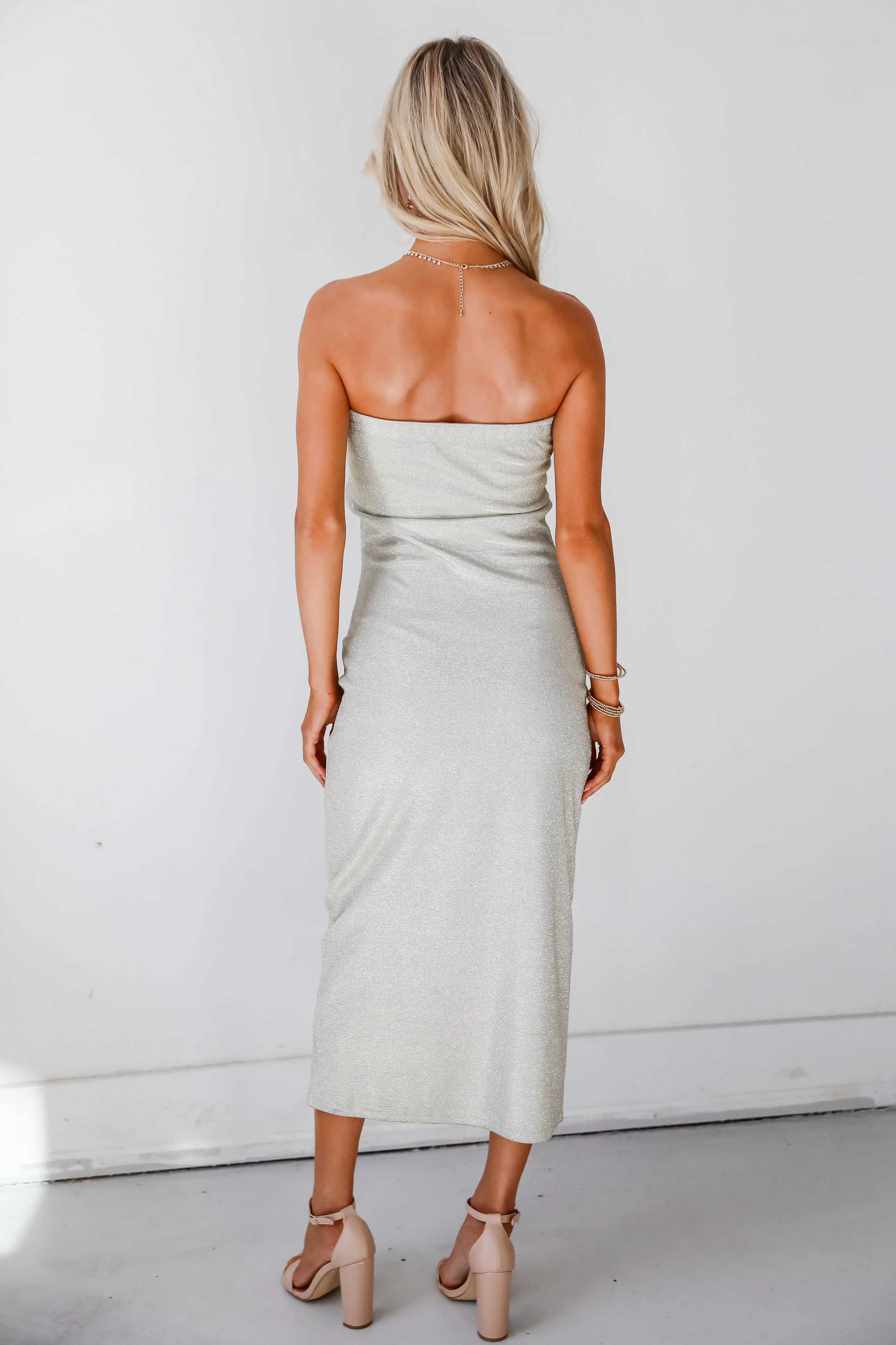 FINAL SALE - Greatest Sparkle Silver Glitter Strapless Midi Dress