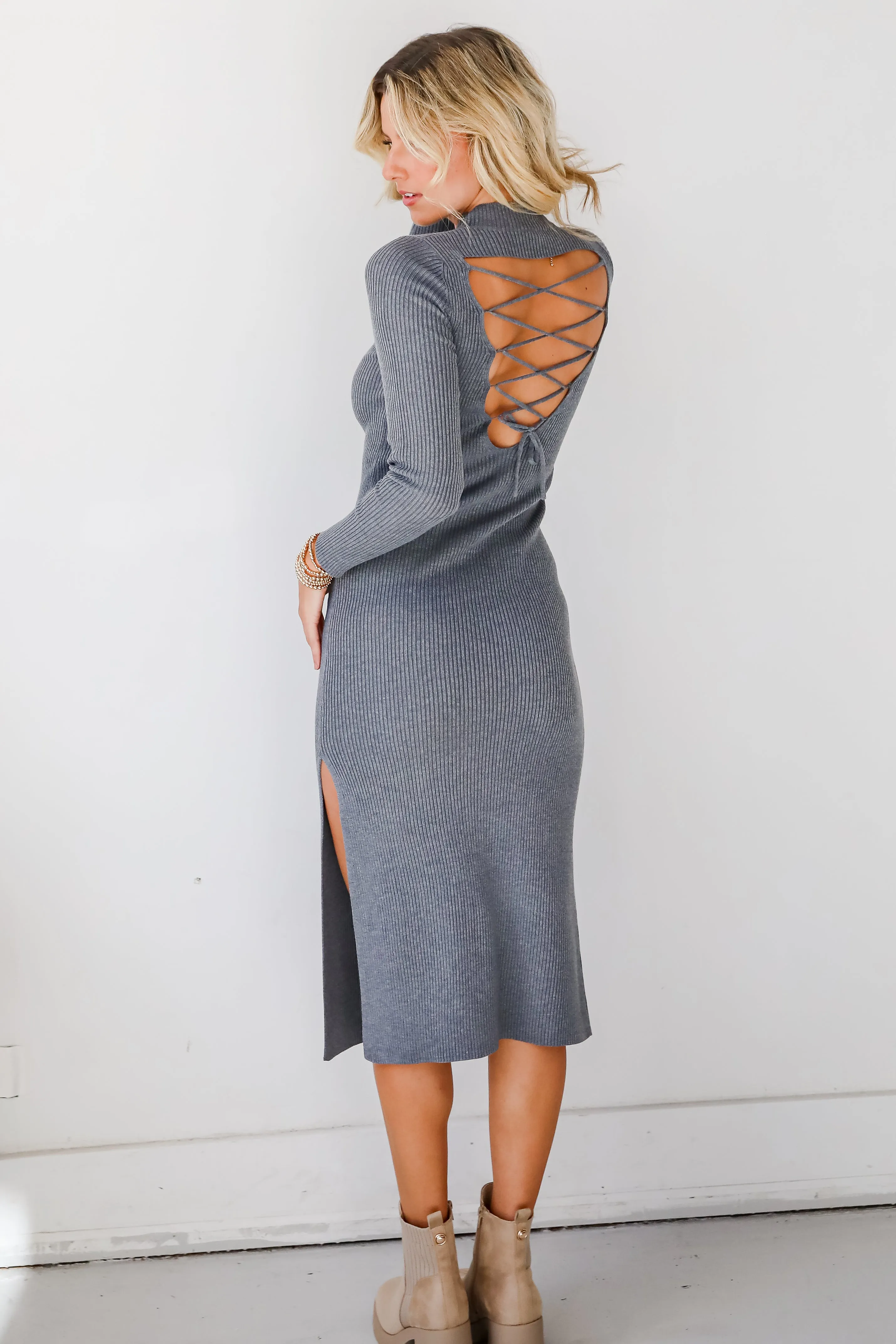 FINAL SALE - Mesmerizing Reputation Heather Grey Ribbed Midi Dress