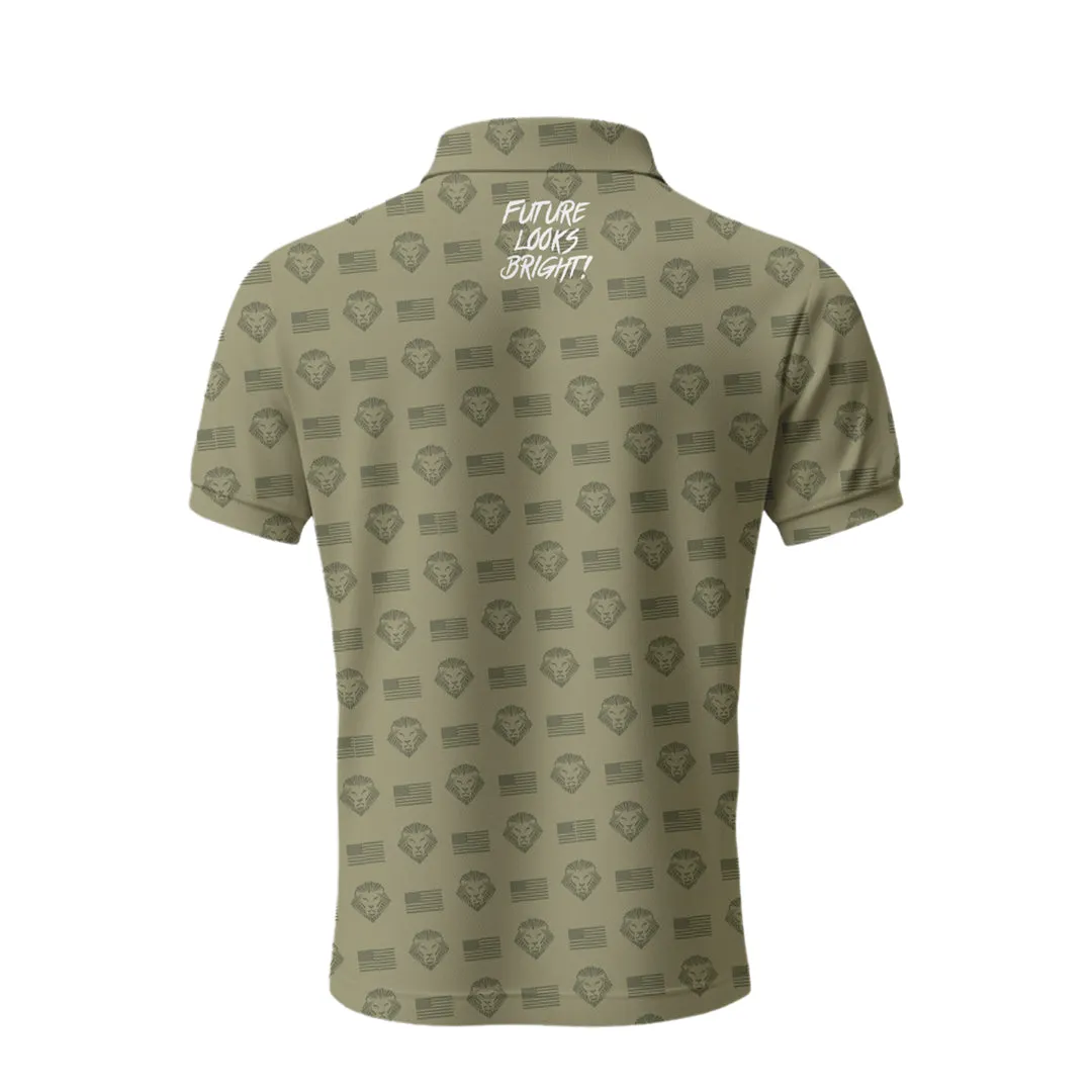 Future Looks Bright Allover Flag Lion Shield Print Army Green Polo