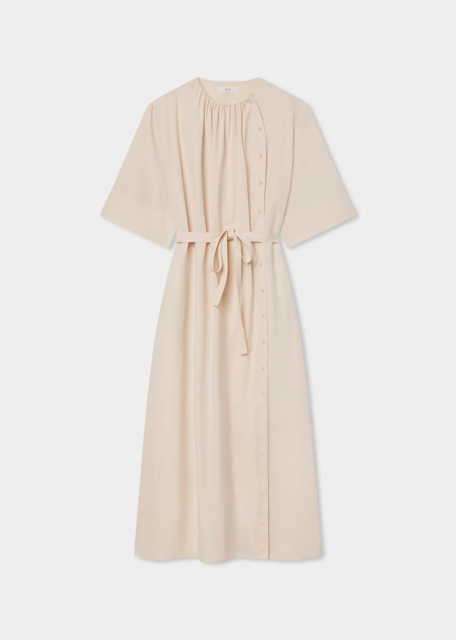 Gathered Belted Dress in Cotton Poplin - Pink