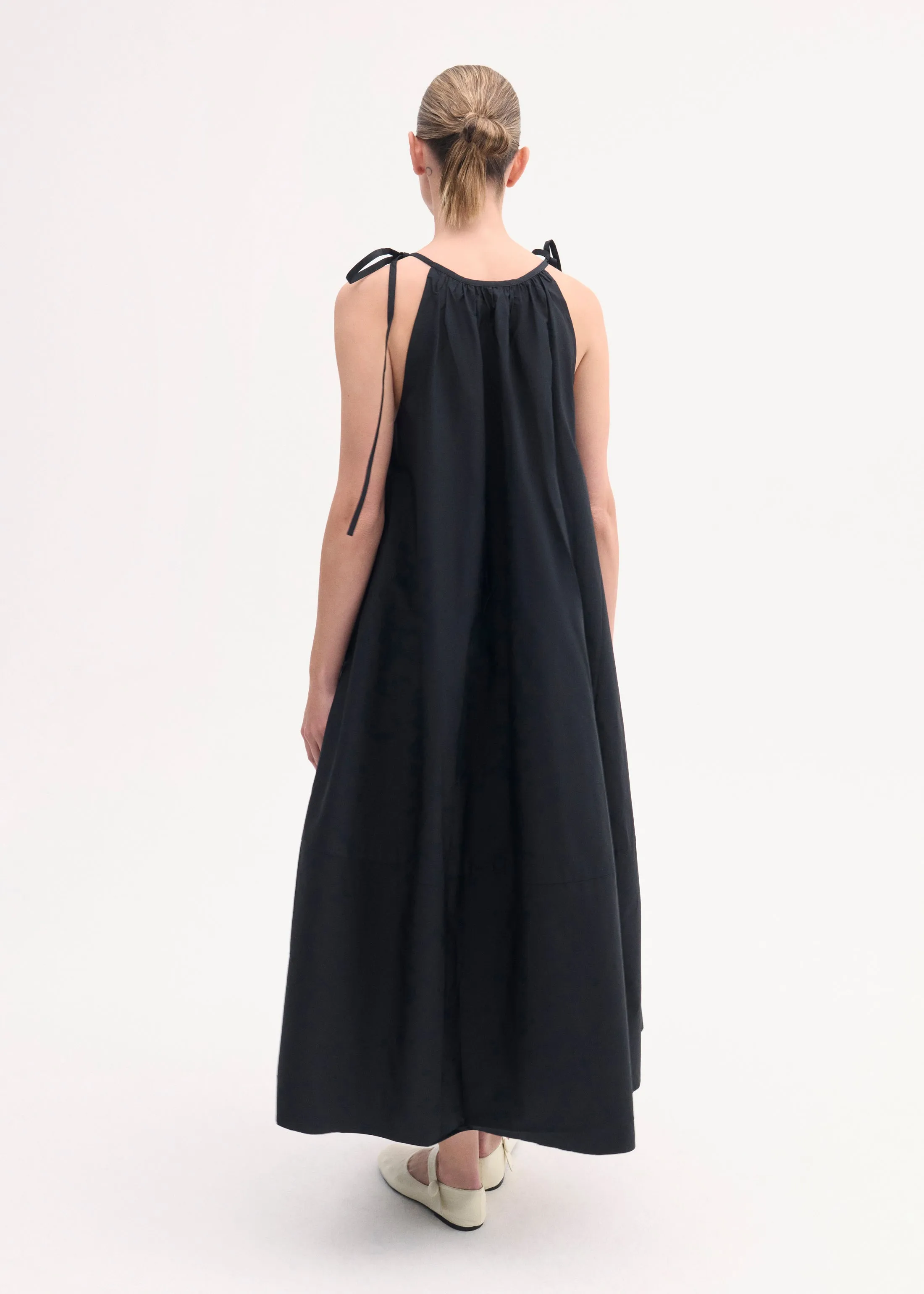 Gathered Halter Dress in Cotton Poplin - Black