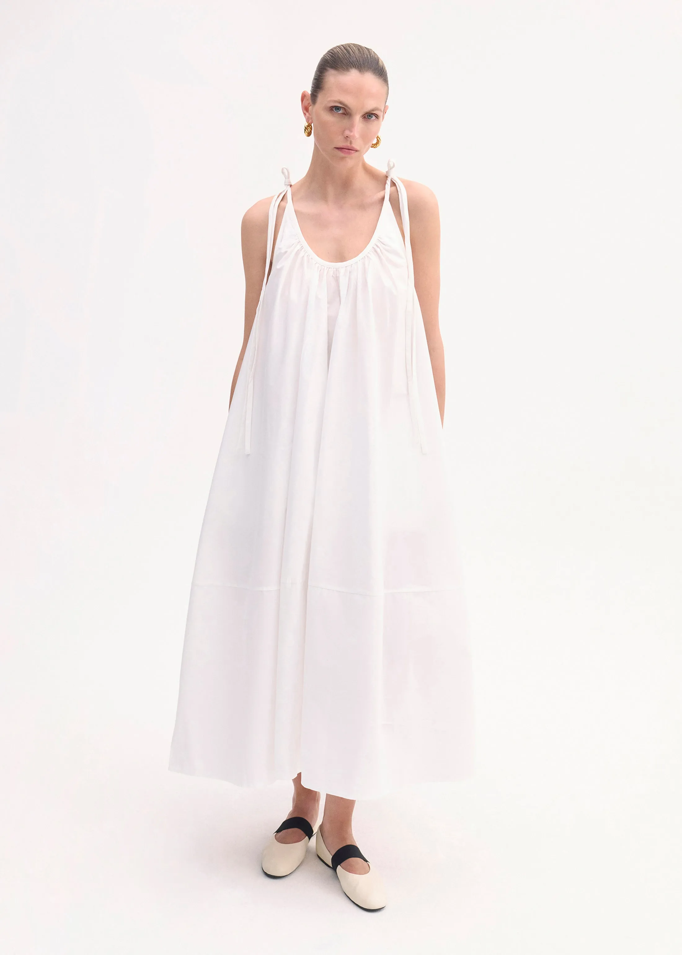 Gathered Halter Dress in Cotton Poplin - White
