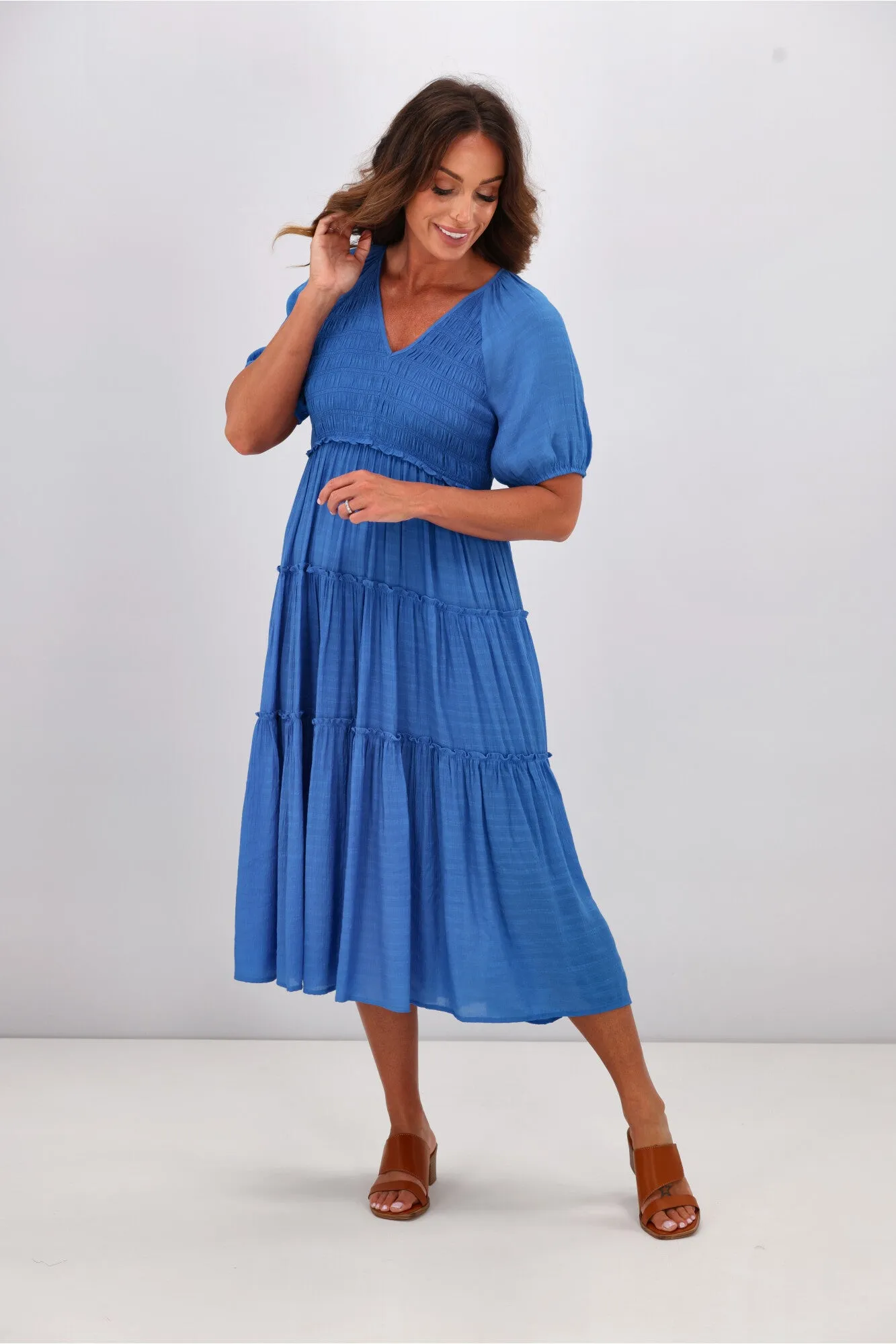 Gloss by Shine On Eadie Angle Shirred Bodice Dress Blue