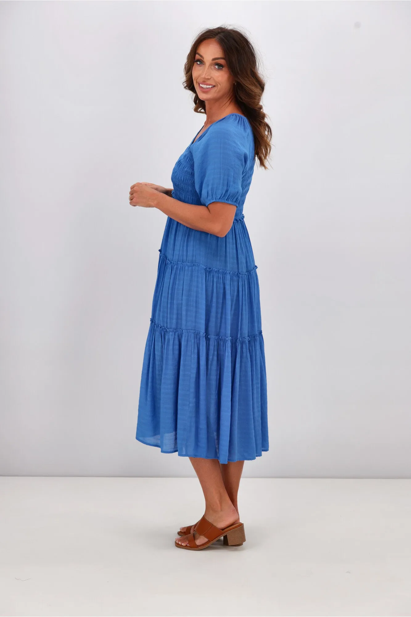 Gloss by Shine On Eadie Angle Shirred Bodice Dress Blue