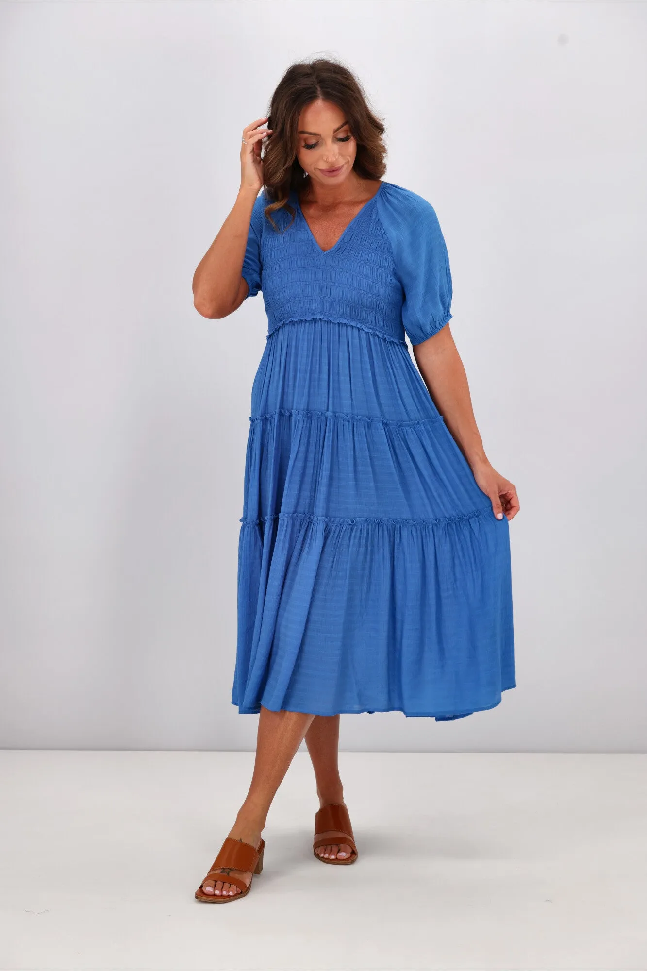 Gloss by Shine On Eadie Angle Shirred Bodice Dress Blue