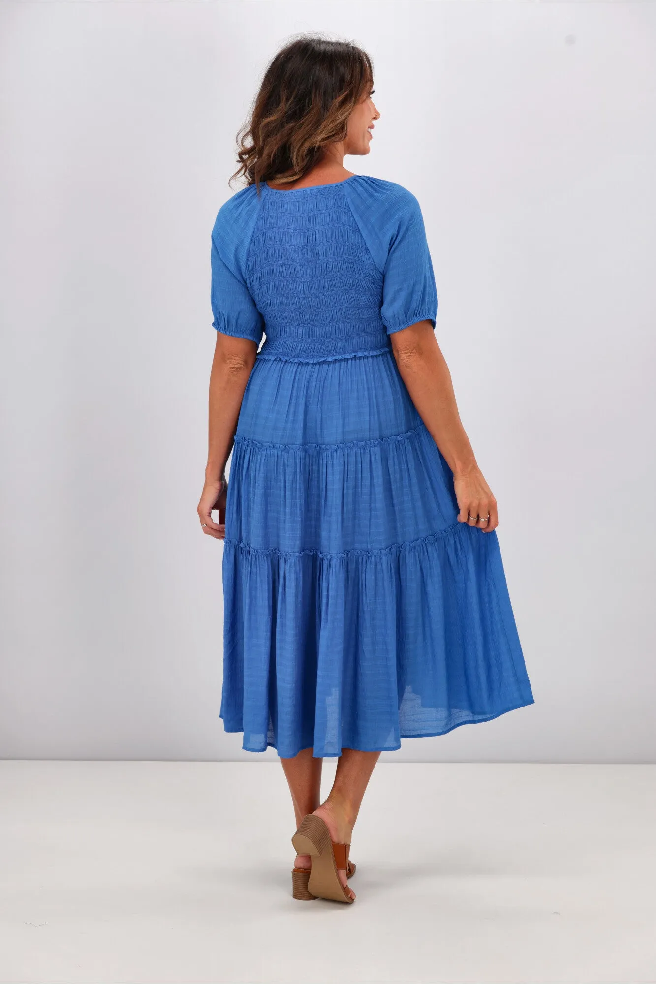 Gloss by Shine On Eadie Angle Shirred Bodice Dress Blue