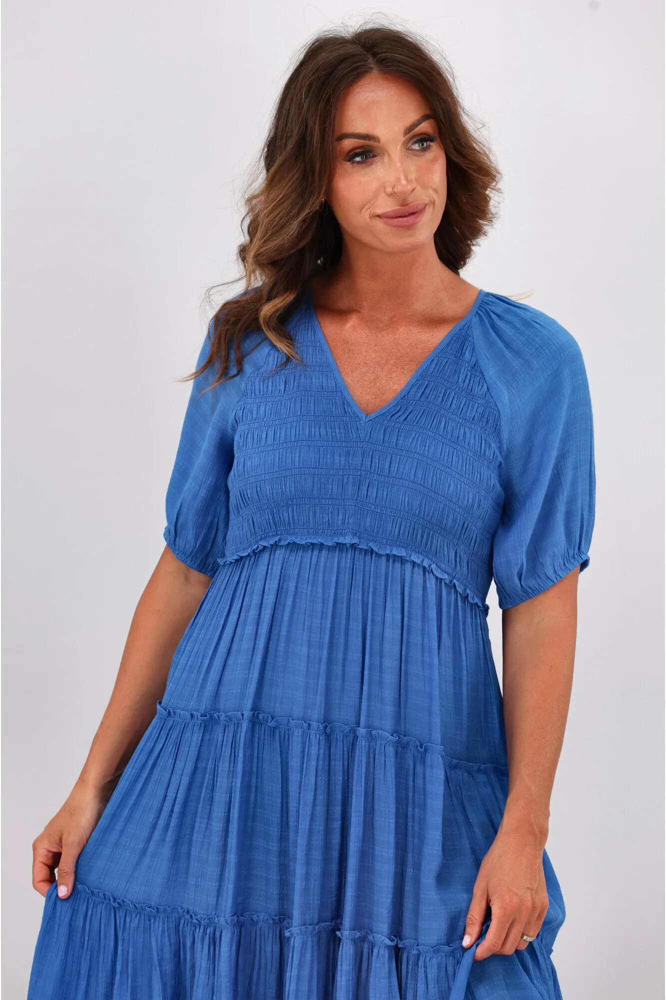 Gloss by Shine On Eadie Angle Shirred Bodice Dress Blue