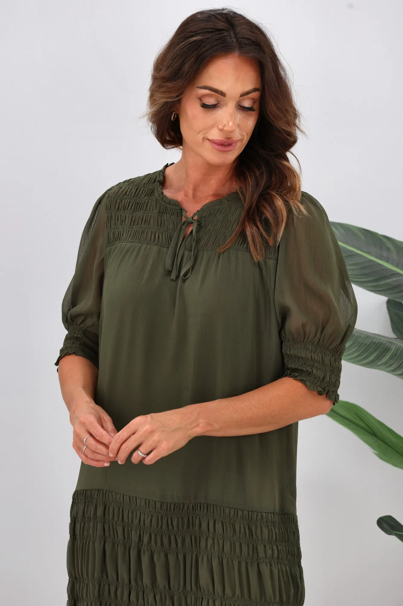 Jane James Vera Shirred Short Sleeve Dress Olive