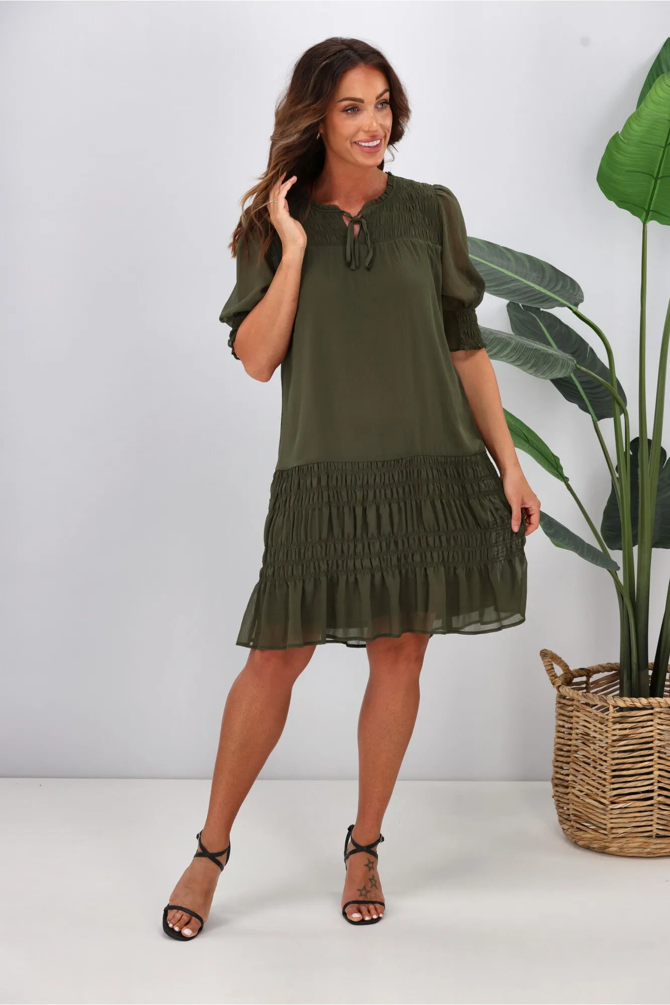 Jane James Vera Shirred Short Sleeve Dress Olive