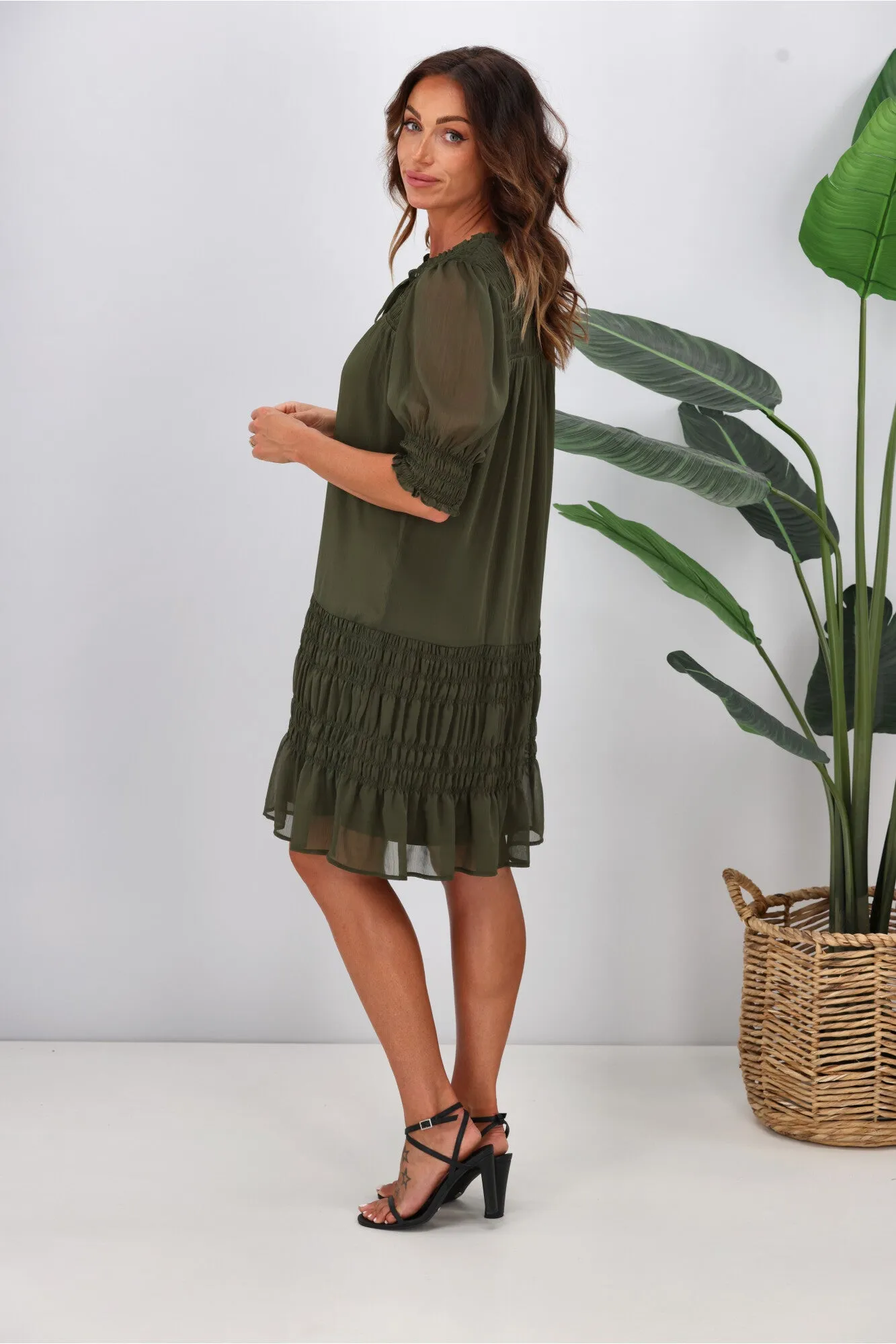 Jane James Vera Shirred Short Sleeve Dress Olive