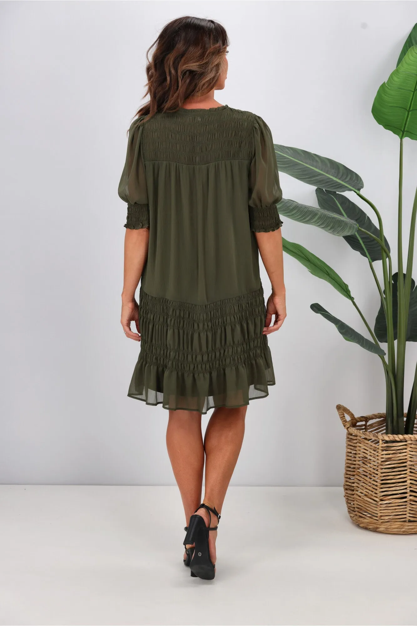 Jane James Vera Shirred Short Sleeve Dress Olive