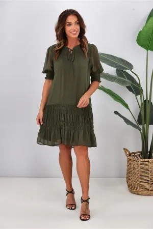 Jane James Vera Shirred Short Sleeve Dress Olive
