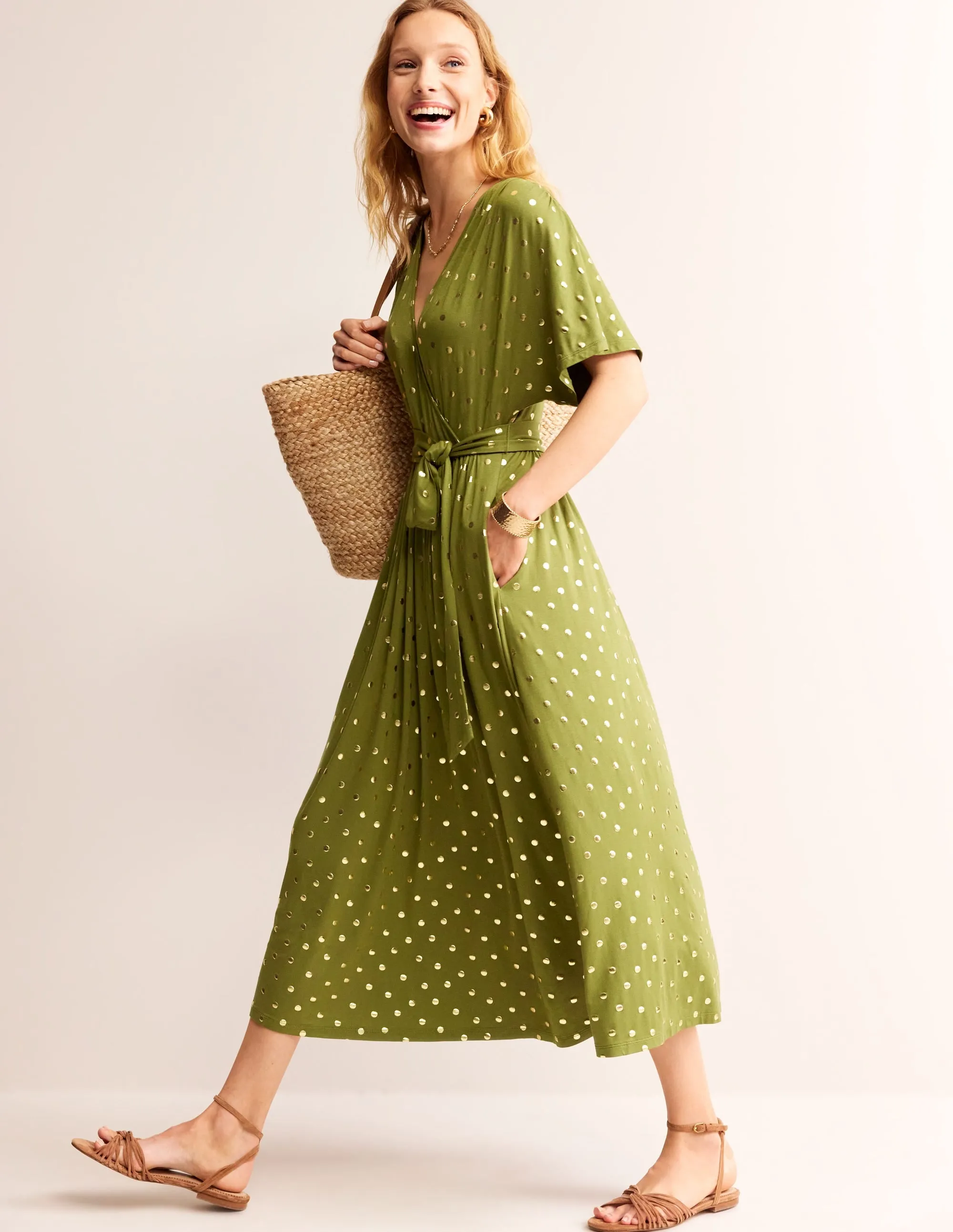Kimono Wrap Jersey Midi Dress-Mayfly, Scattered Foil Spot
