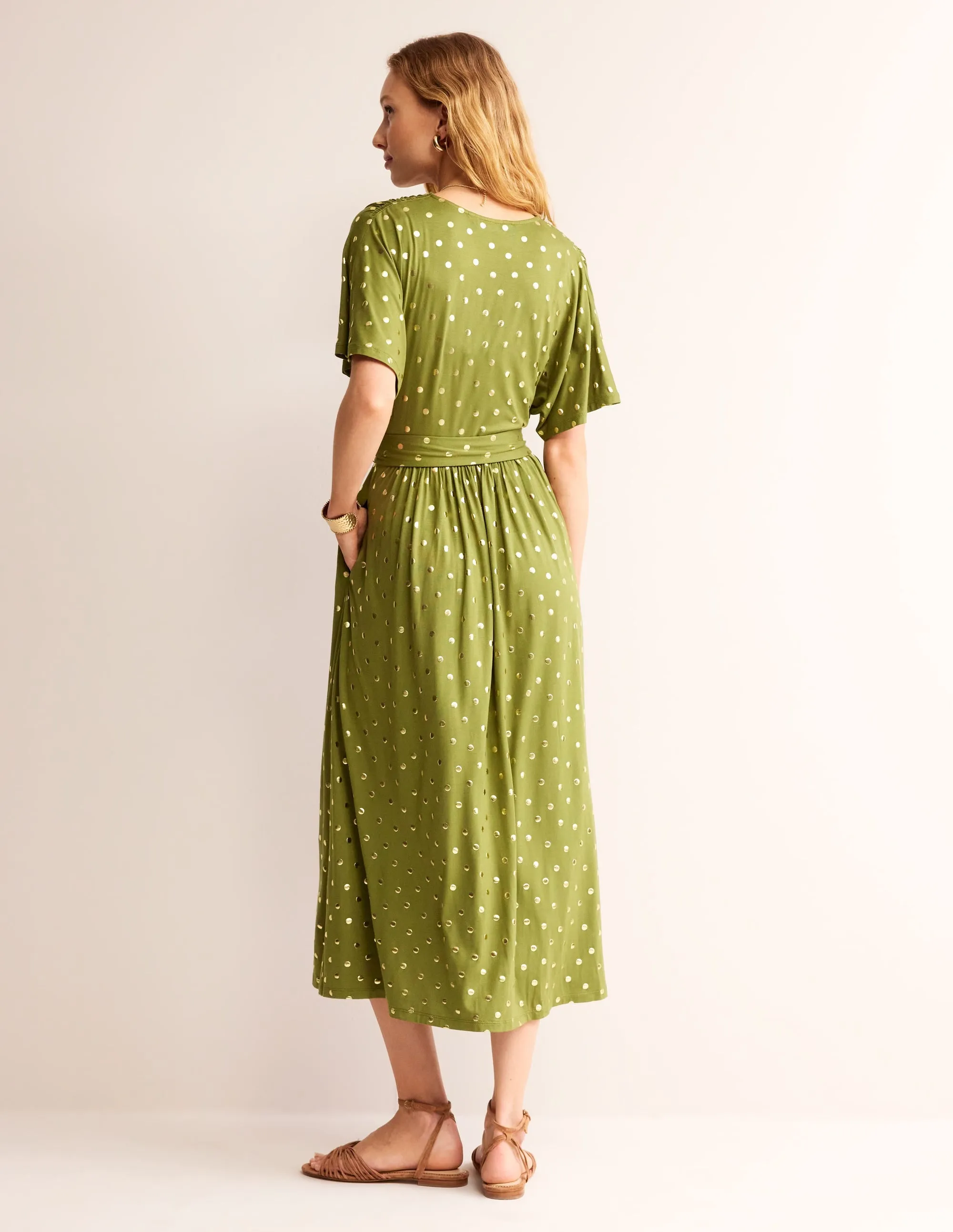 Kimono Wrap Jersey Midi Dress-Mayfly, Scattered Foil Spot