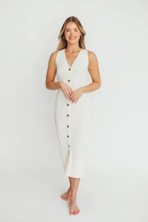 Lelani Button Down Ribbed Knit Midi Dress in White - Nursing Friendly