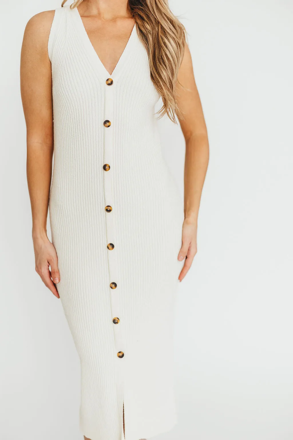 Lelani Button Down Ribbed Knit Midi Dress in White - Nursing Friendly