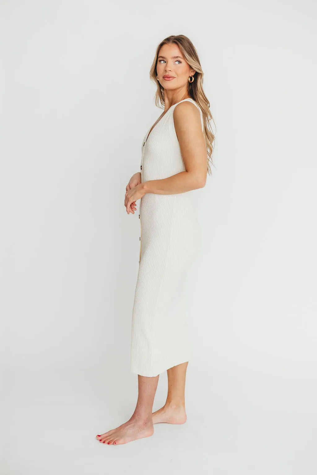 Lelani Button Down Ribbed Knit Midi Dress in White - Nursing Friendly