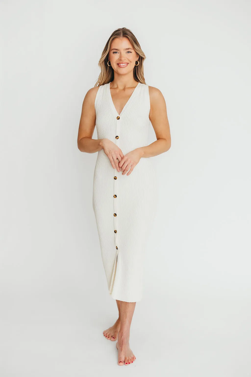 Lelani Button Down Ribbed Knit Midi Dress in White - Nursing Friendly