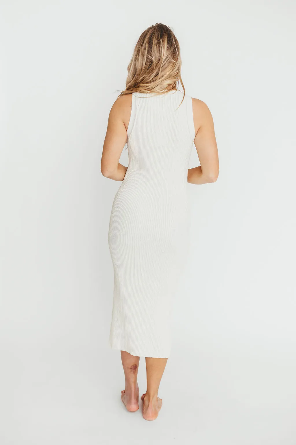 Lelani Button Down Ribbed Knit Midi Dress in White - Nursing Friendly