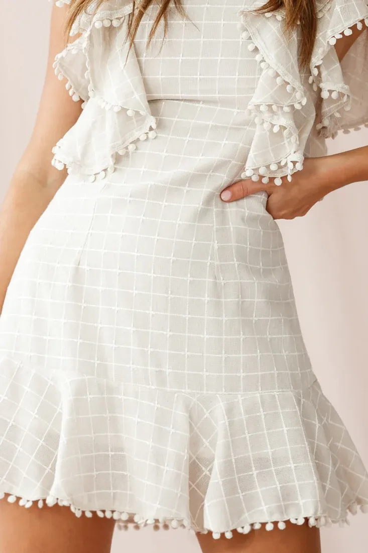 Marlow Double Ruffle Shoulder Dress Square Pattern Beige