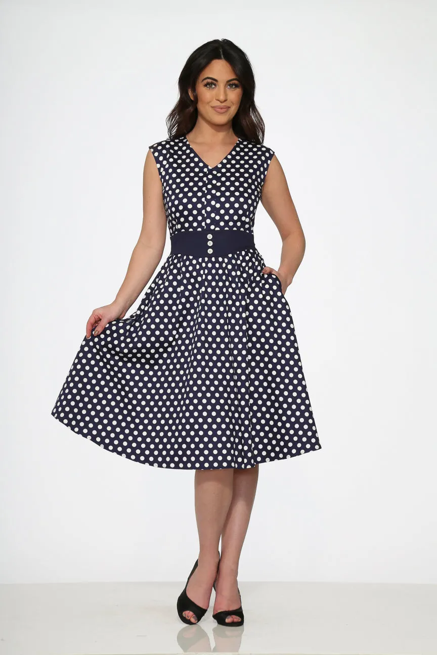 Navy Blue White Polka Dot Swing Dress