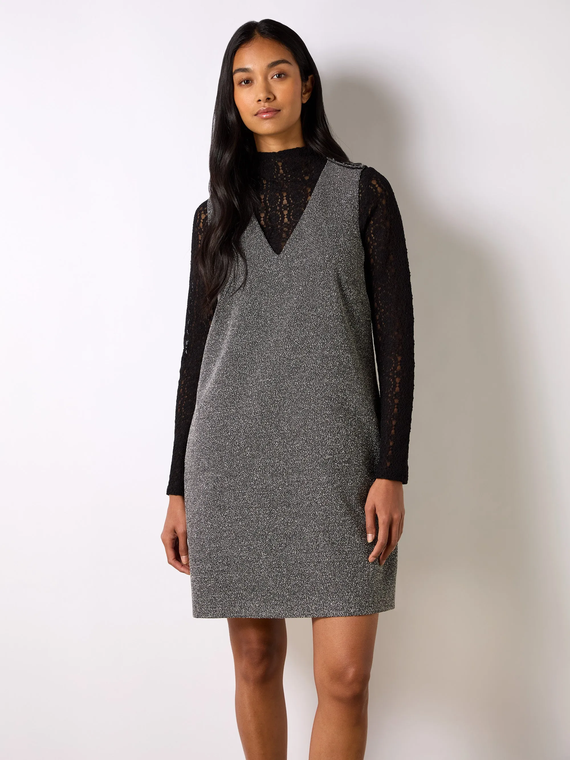 Petite Grey Textured V-Neck Mini Dress