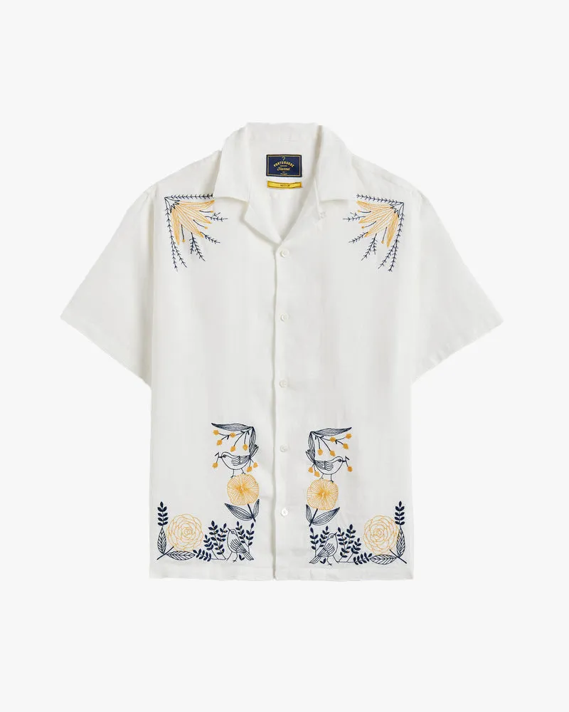 Portuguese Flannel Embroidery Bird & Flowers Linen Shirt - White