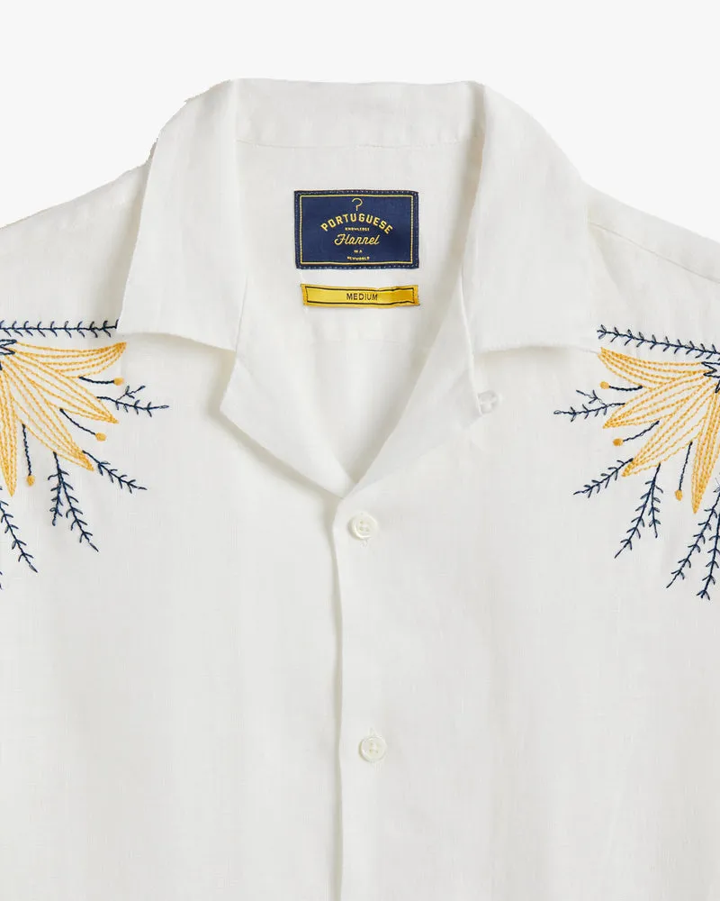 Portuguese Flannel Embroidery Bird & Flowers Linen Shirt - White
