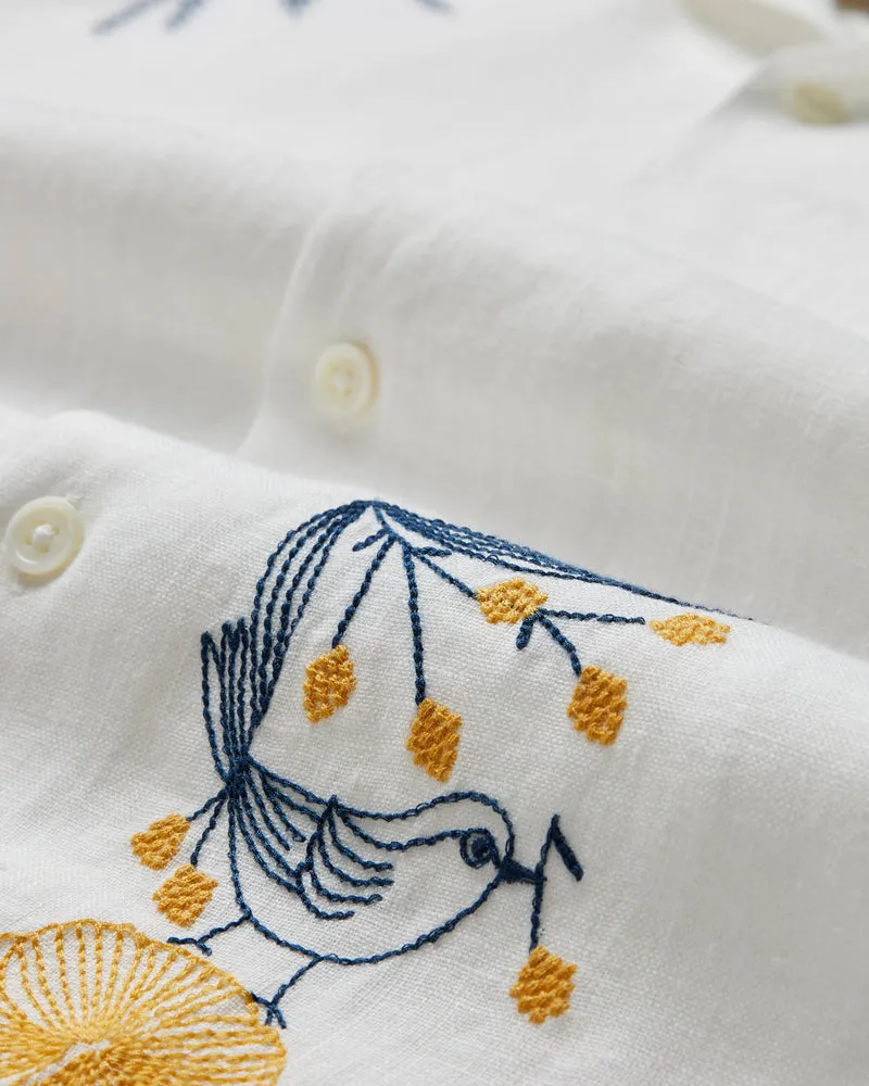 Portuguese Flannel Embroidery Bird & Flowers Linen Shirt - White